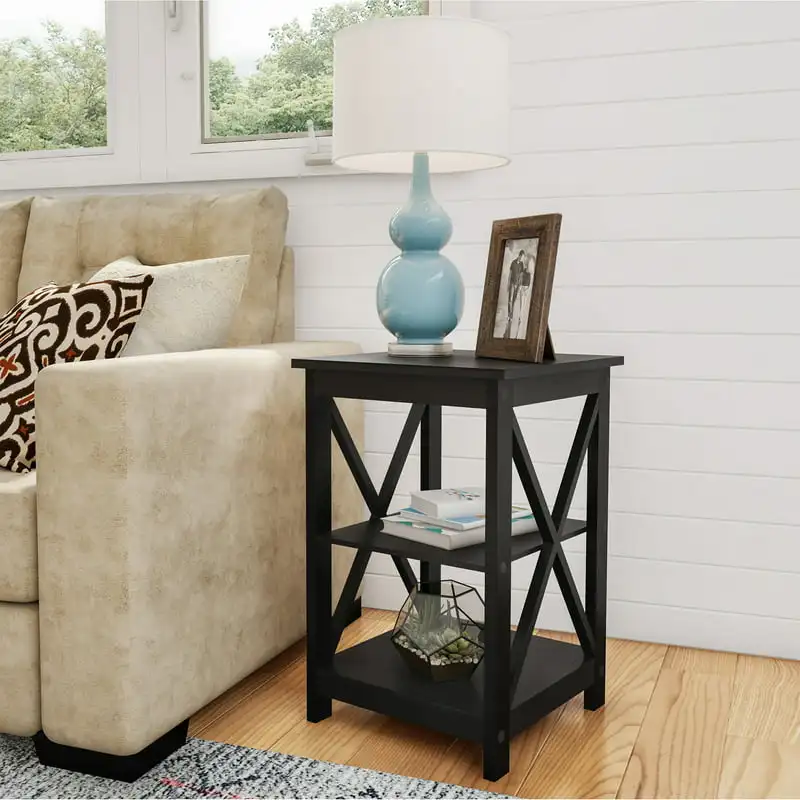 

Wooden End Table with Two Shelves and X-Shaped Design, Black
