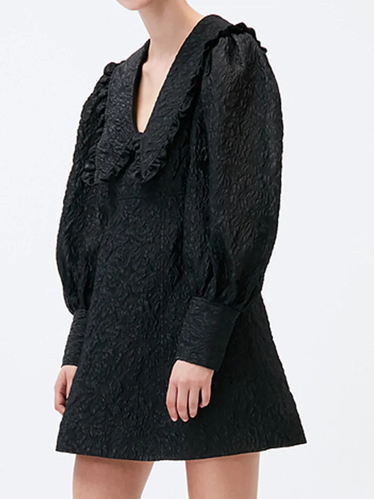 

Women's Peter Pan Collar Ruffle Mini Dress Puff Sleeve Black Three-Dimensional Jacquard Ladies Sweet A-Line Short Robe