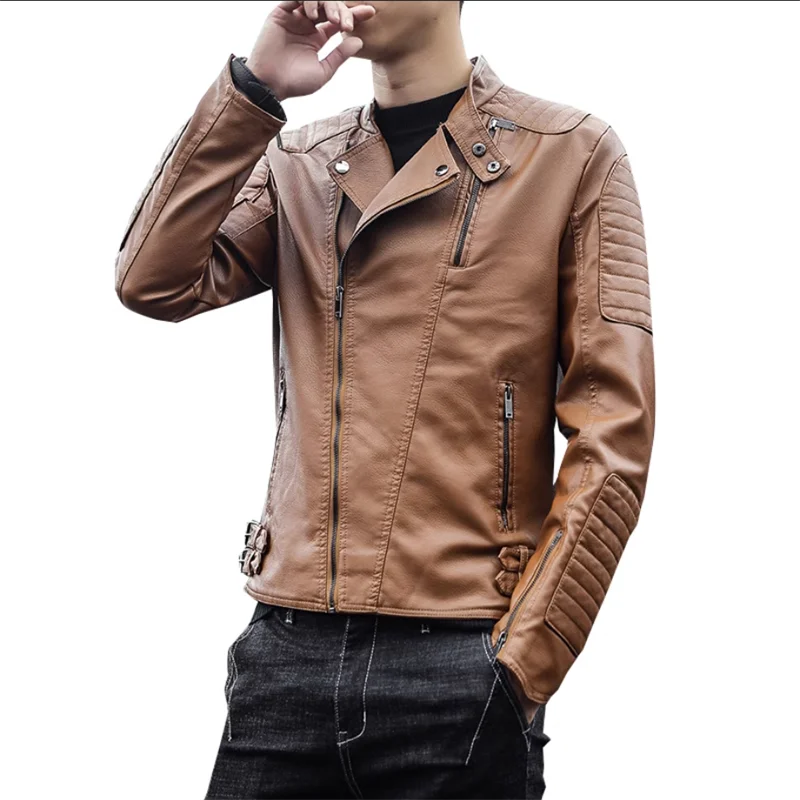 

Autumn and Winter New Men Long Sleeve Leather Jacket Oblique Zipper Top Black khaki Fashion Men's Plush Warm Motorcycle Coats