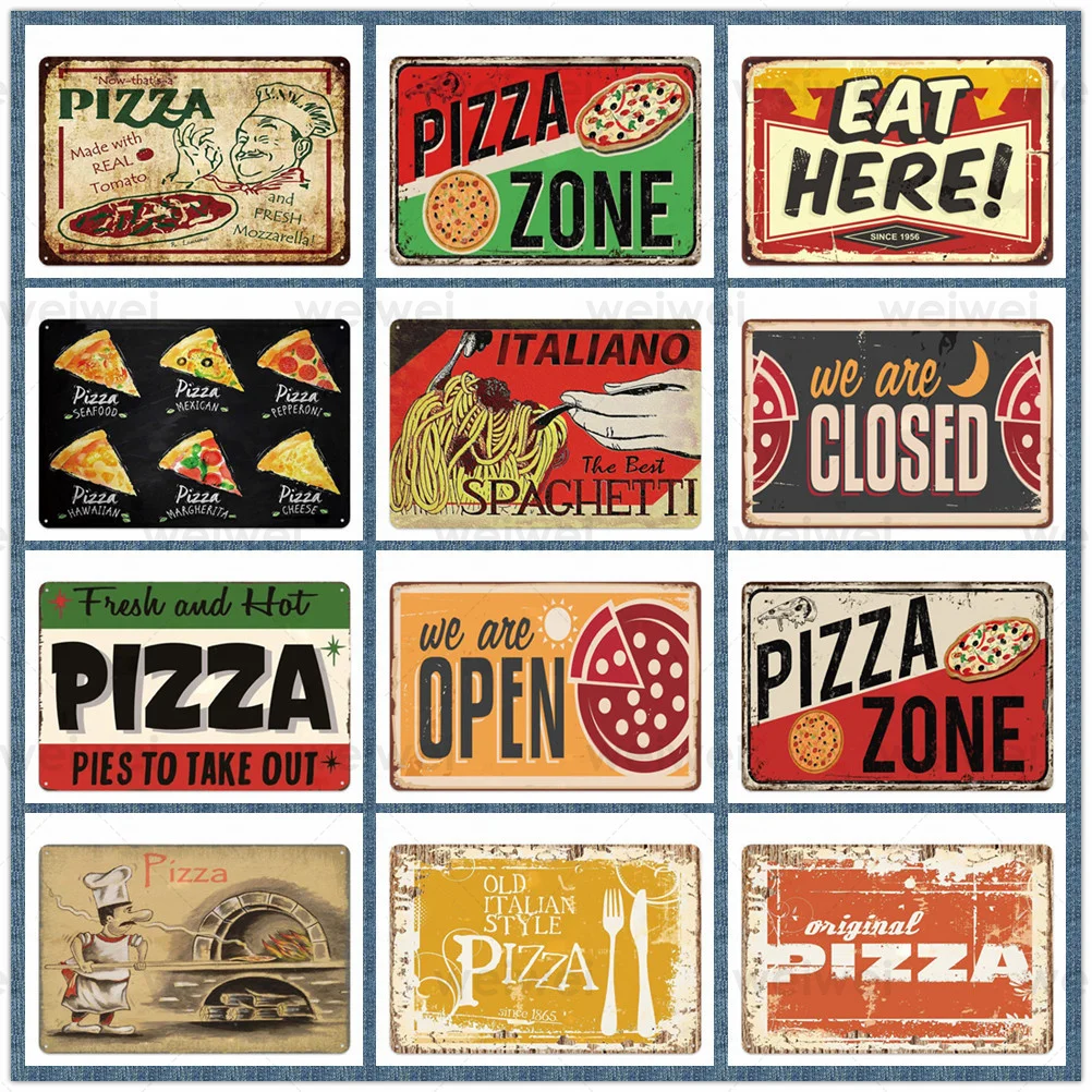 

Pizza Pasta Metal Tin Sign Retro Delicious Food Metal Plaque Vintage Wall Decorative Poster for Pizzeria Fast Food Restaurant