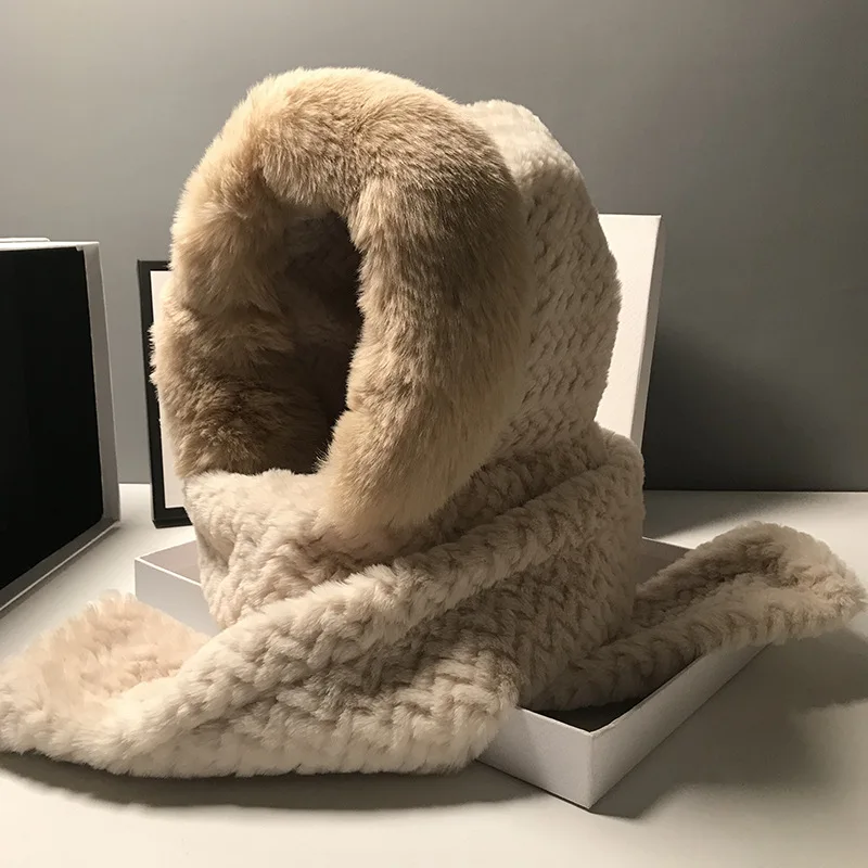 

Design Luxury Ladies Winter Rabbit Fur Plush Lei Feng Hat Woven Hat Warm Hat High Quality Scarf One Cap