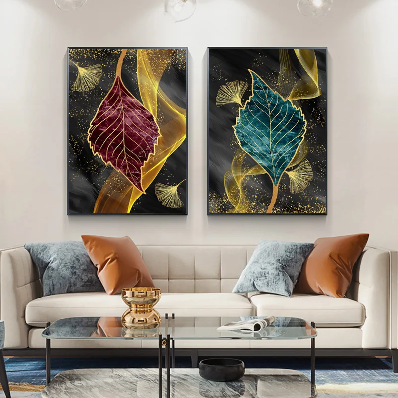 Абстрактная Картина на холсте с золотыми желтыми листьями плакаты и принты