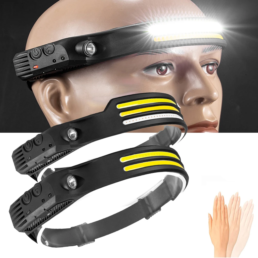 

Светодиодный головной фонарь COB с датчиком и встроенным аккумулятором, головной фсветильник рь с USB-зарядкой, 3 режима освещения, светильник