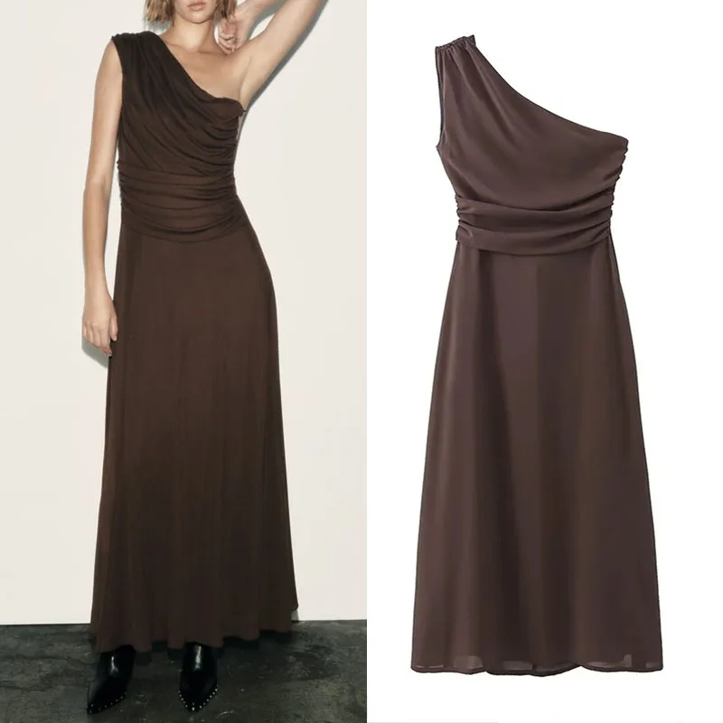

TRAF Brown Party Dresses For Women 2023 Draped Asymmetric Neckline Sleeveless Female Dress Side Ruched Formal Occasion Dresses