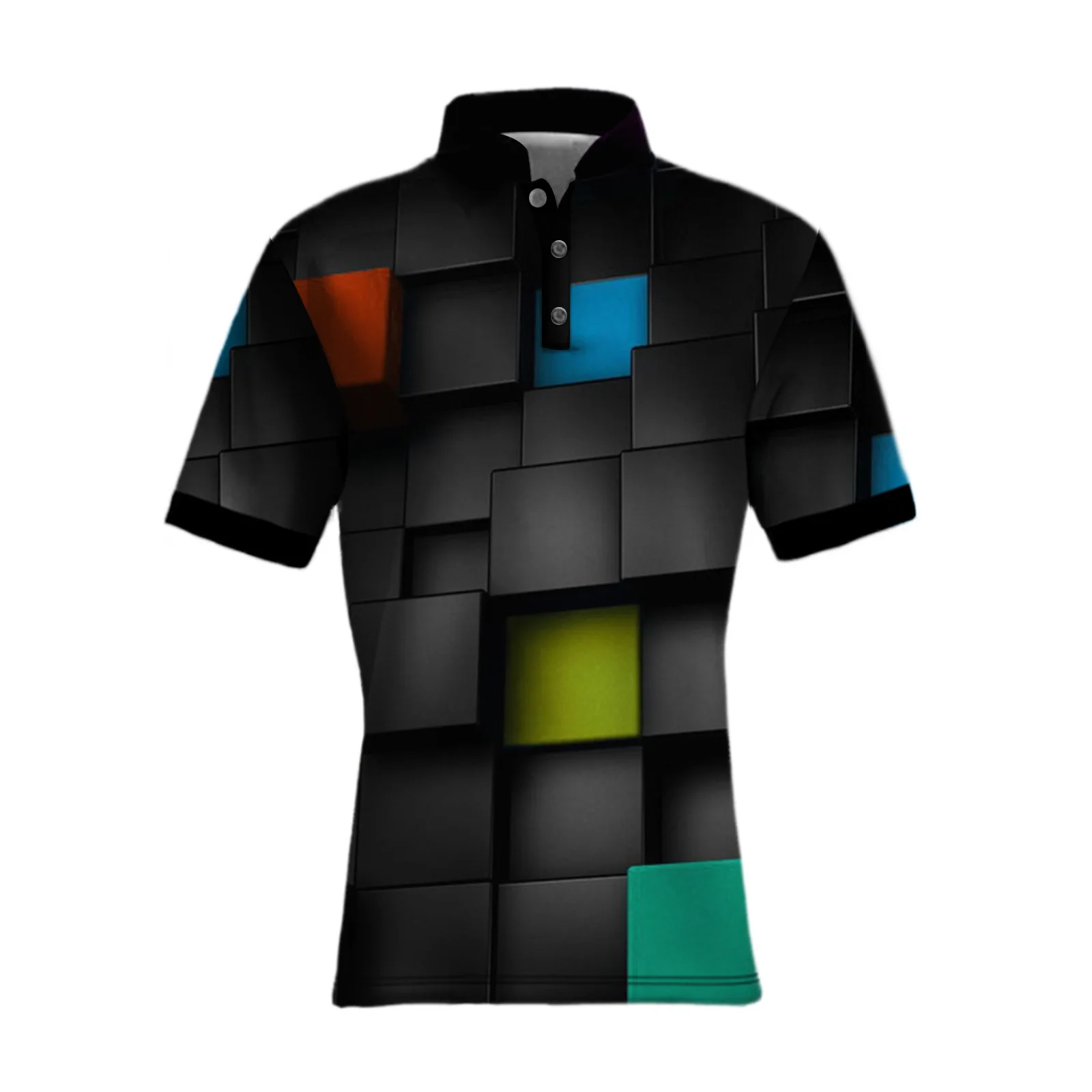 

Summer men's digital printed youth square plaid pattern man casual button Polo shirt