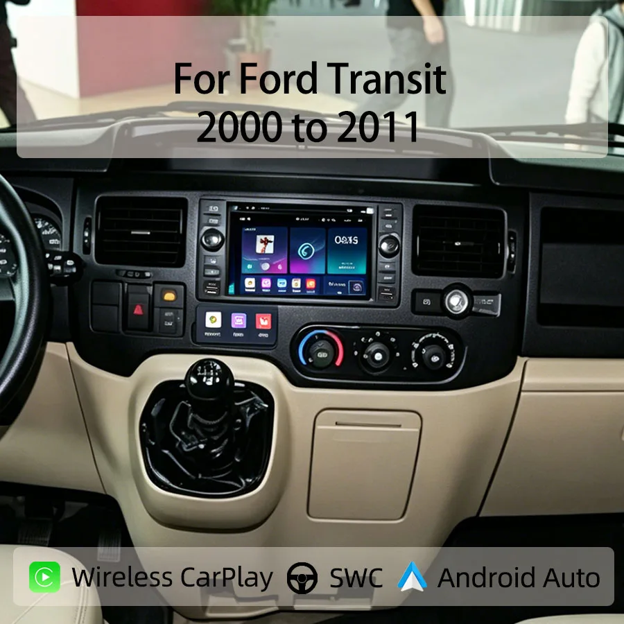 Фото 7-дюймовая автомобильная магнитола Android Type-C для Ford Transit 2000-2011 с беспроводным CarPlay, Android Auto, GPS-навигацией, Bluetooth и управлением с руля №1