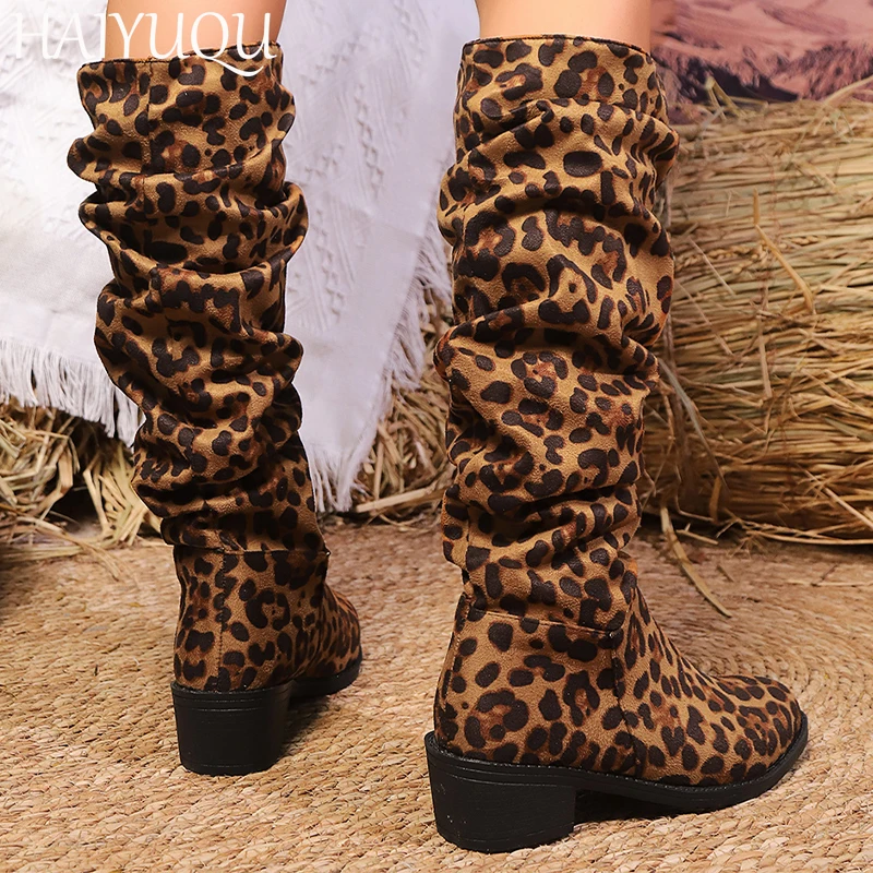 Женские замшевые высокие сапоги с леопардовым принтом туфли до колена на среднем