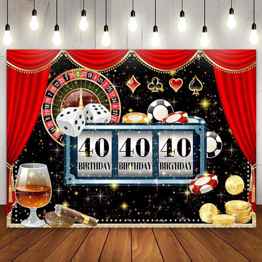 

Casino 40th Birthday Backdrop Las Vegas Poker Dice Forty Birthday Party Banner Red Curtain Glitter Men Photography Background