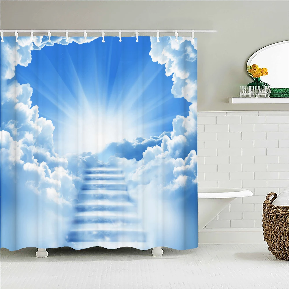 

Sunny Blue Sky Clouds Scenery Waterproof Fabric Shower Curtain Landscape Printed Shower Curtains for Bathroom Shower with Hooks