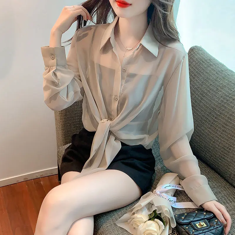 

See-through Sunscreen Shirt Women's Summer Solid Color Loose Tie Short Cardigan Top POLO Collar Long-sleeved Chiffon Shirt