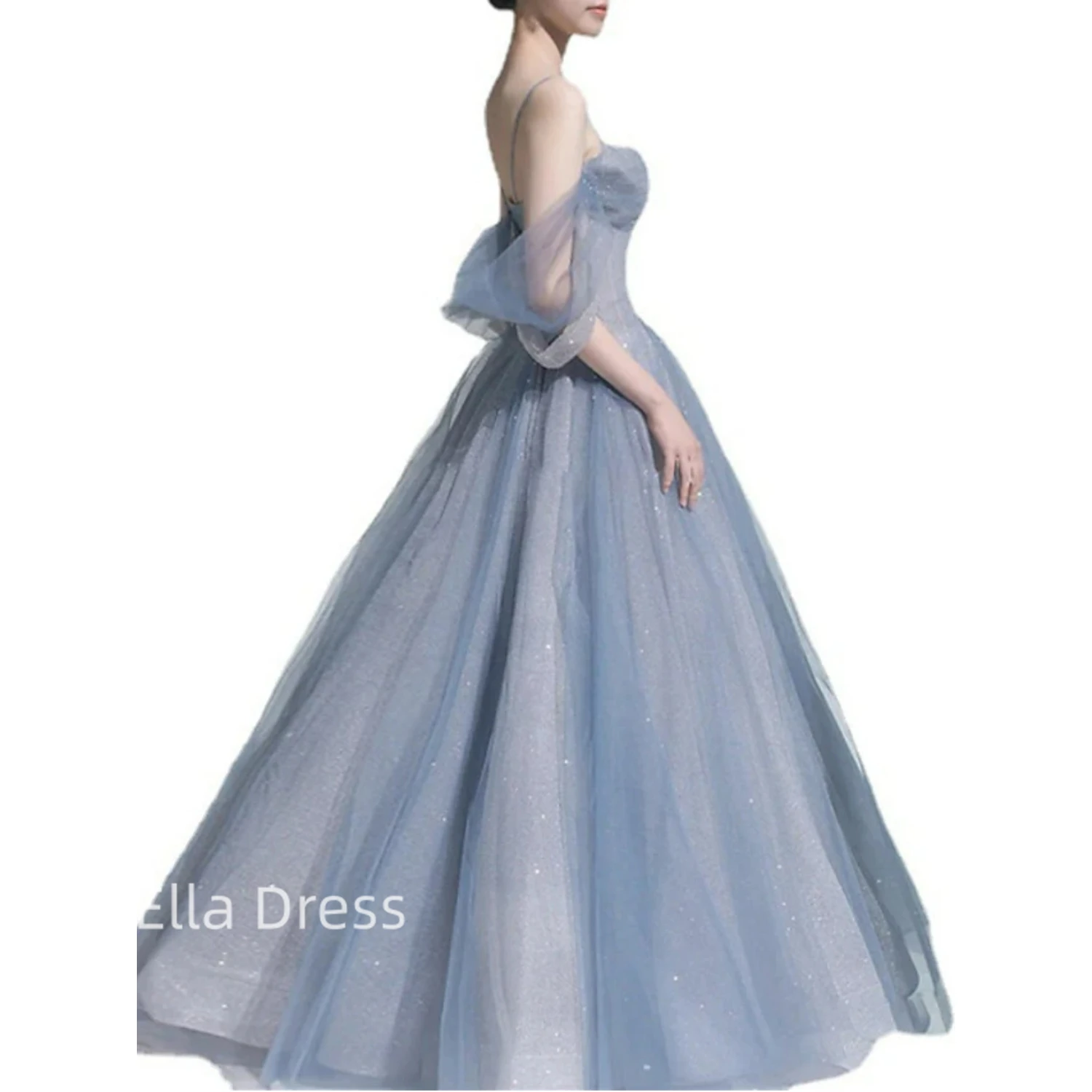 

Ella Off Shoulder Spaghetti Strap Evening Gown Elegant Pleated Bow Sequins Bar Mitzvah Glitter A-Line Birthday Party Dress