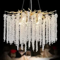 Large Crystal Pendant Lamp for Dining Room Rectangle Hanging Lights Fixtures for Kitchen Island Branch Pendant Lights Gold