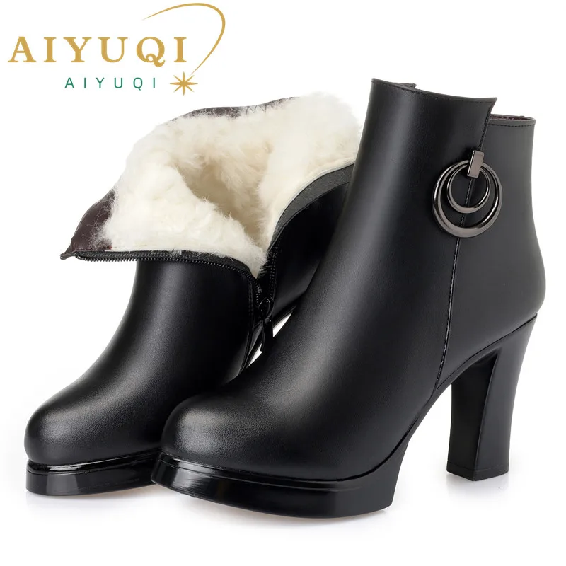 Купи Ankle Boots Women Boots Winter Fashion Wool Female Snow Boots High Heel 2023 Genuine Leather Round Toe Black Gray High (5cm-8cm) за 2,924 рублей в магазине AliExpress