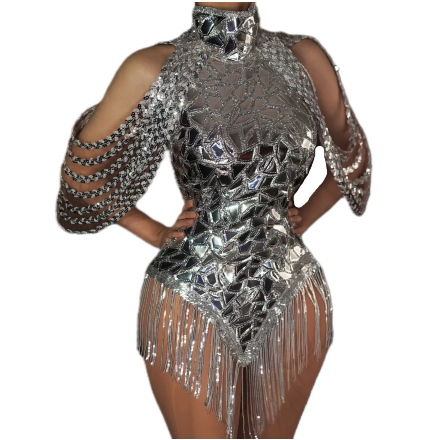 

Silver Shining Mirror Sequins Sexy Backless Tassel Bodysuits For Women Nightclub DJ Clothing Prom Dance Stage Bar Costumes