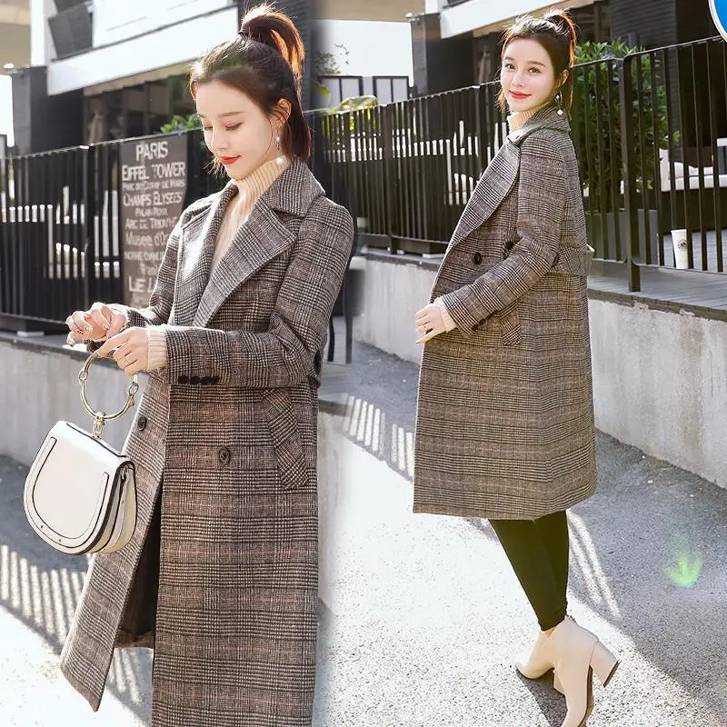 

Women Wool Blends Coat Autumn Female New Fashion Elegant Plaid Print Woolen Tops Tweed Overcoat Ladies Loose Long Outerwear G306