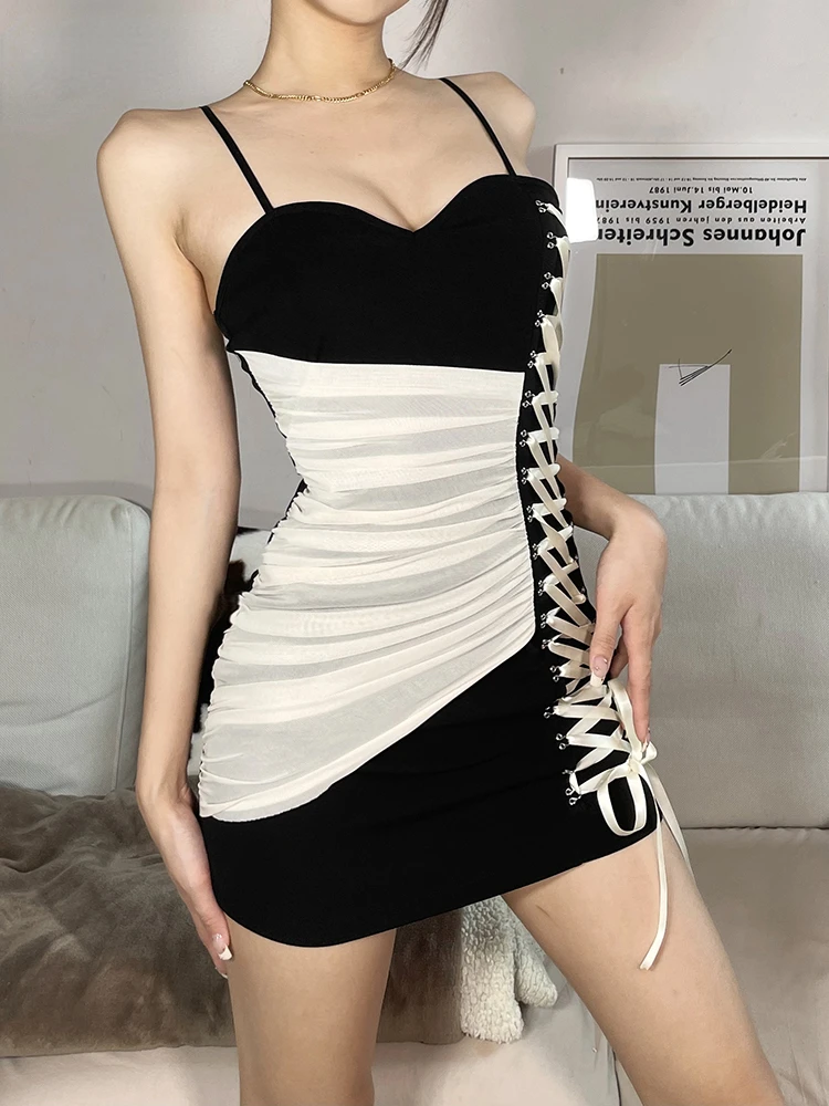 

Suspender Dress Stitching Pleated Design Sense Personality Mature Femininity Sexy Drawstring Street Travel Slim Women Mini Traf