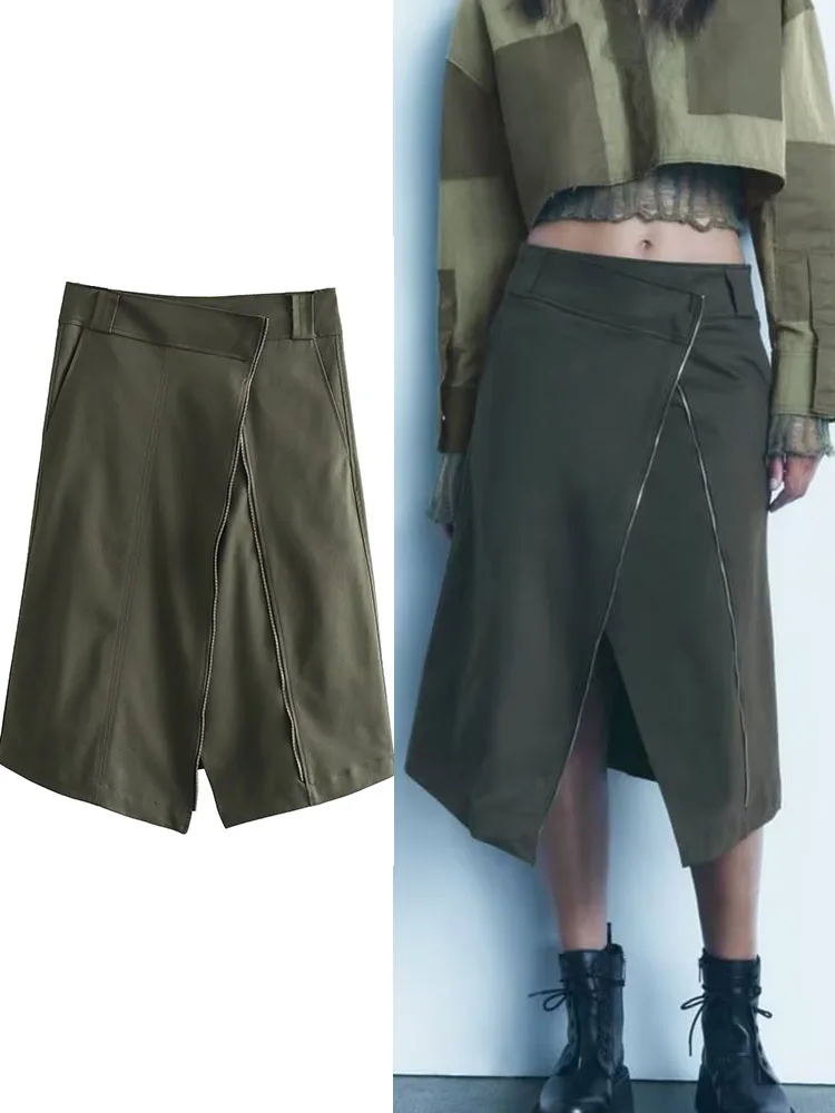 

Однотонная ассиметричная юбка TRAF для женщин, шикарные повседневные юбки до колен на молнии с украшением, осенняя Женская юбка в уличном стиле, 2023