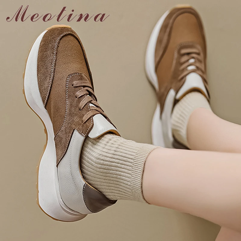 

Женские кроссовки из натуральной кожи Meotina, разноцветные туфли на плоской платформе, с круглым носком, на шнуровке, цвета хаки, весна-осень 40