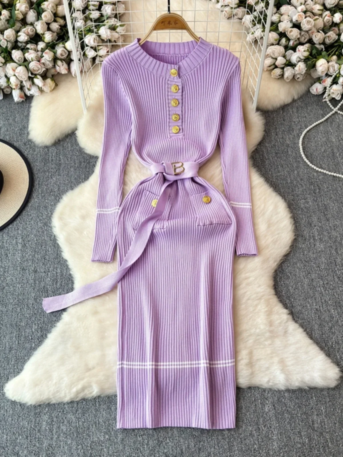 Осенне-зимние плотные вязаные платья Foamlina с круглым вырезом поясом облегающее