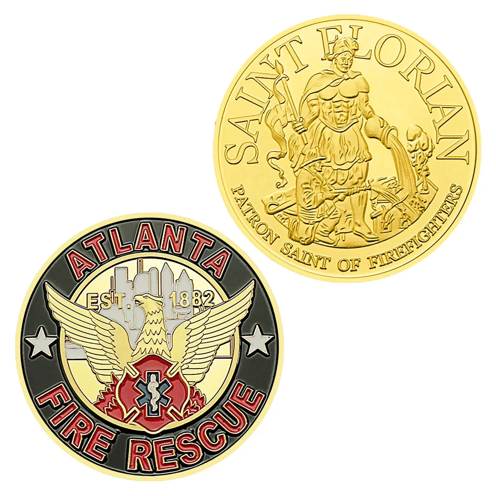 

United States Atlanta Fire Rescue Souvenir Gold Plated Collection Saint Florian Patron Saint of Firefighters Commemorative Coin
