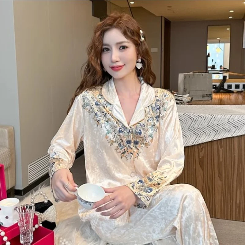 Woodpecker Print Gold Velvet Pajamas Women Autumn High-Grade Floral Small Lapel Light Luxury Long sleeve Homewear Set