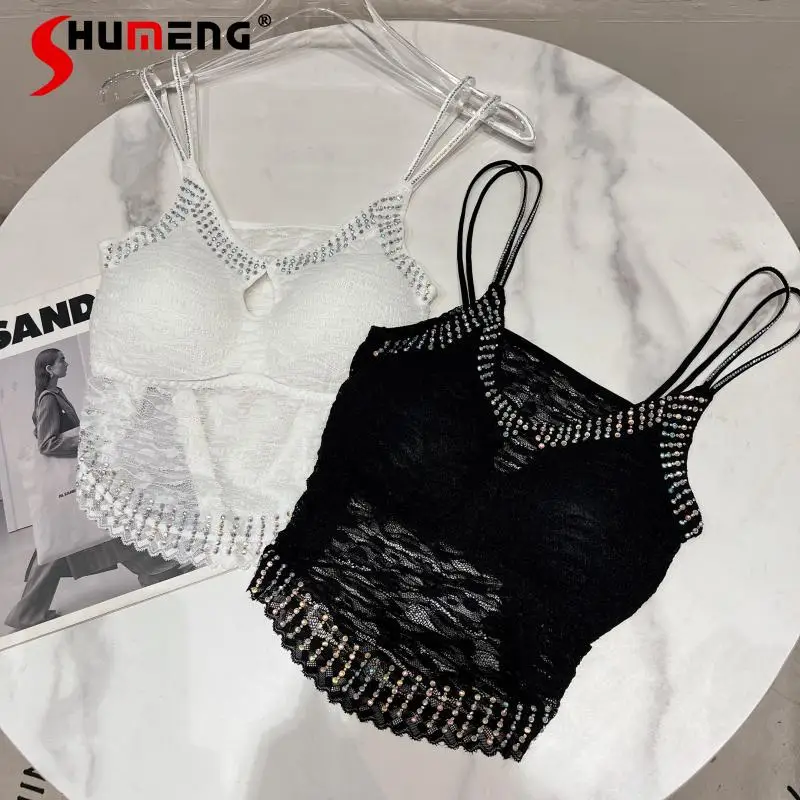 

2022 Summer New Inner Wear Sling Pearl Rhinestone Edge Sexy Lace Crocheted Chest Pad Camisole Outer Wear Crop Tops
