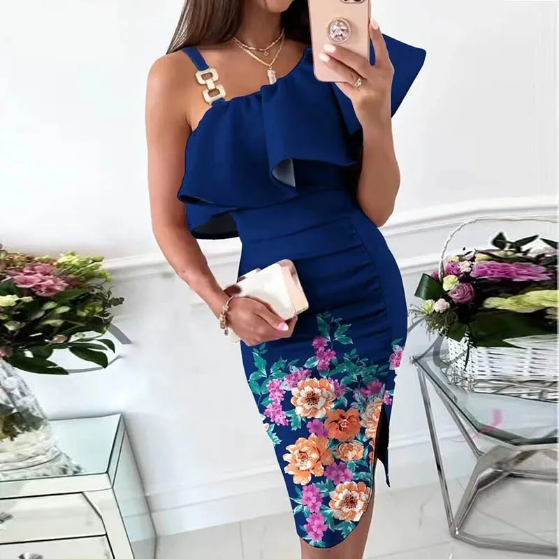

Sexy Women Slash Neck Slim Midi Dress Summer Fashion One Shoulder Sleeveless Slit Party Dresses Ladies Elegant Ruffle Vestidos