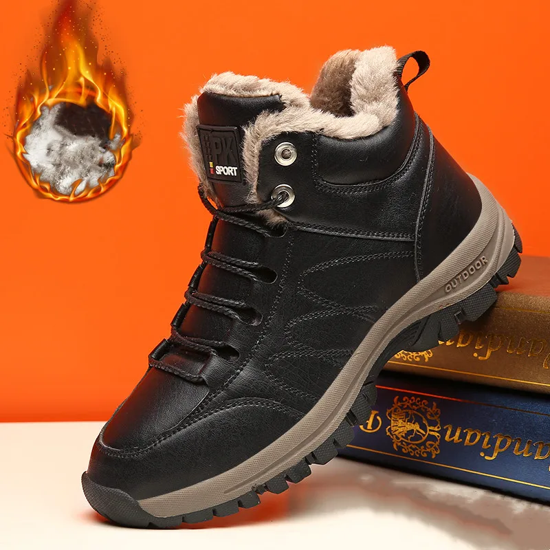 Зимние плюшевые теплые мужские ботинки кожаные зимние непромокаемые