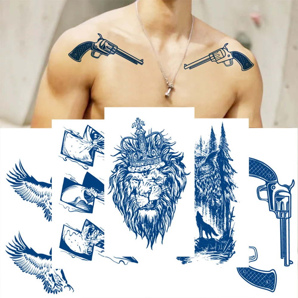 Saft Anhaltende Tinte Tattoos Body Art Wasserdicht Temporäre Tattoo Aufkleber Adler Leopard Mann Totem Pistole Messer Arm Gefälschte Tatoo Frauen