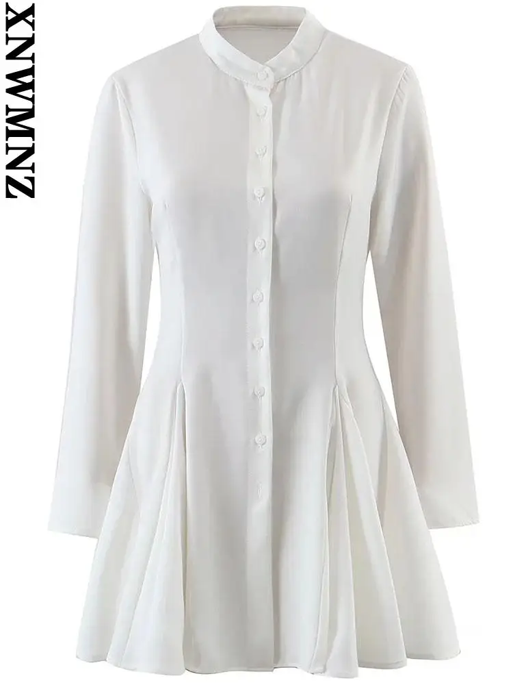 

Платье XNWMNZ, женское элегантное модное Плиссированное мини-платье с воротником-стойкой, винтажные женские платья с расклешенными рукавами, ...