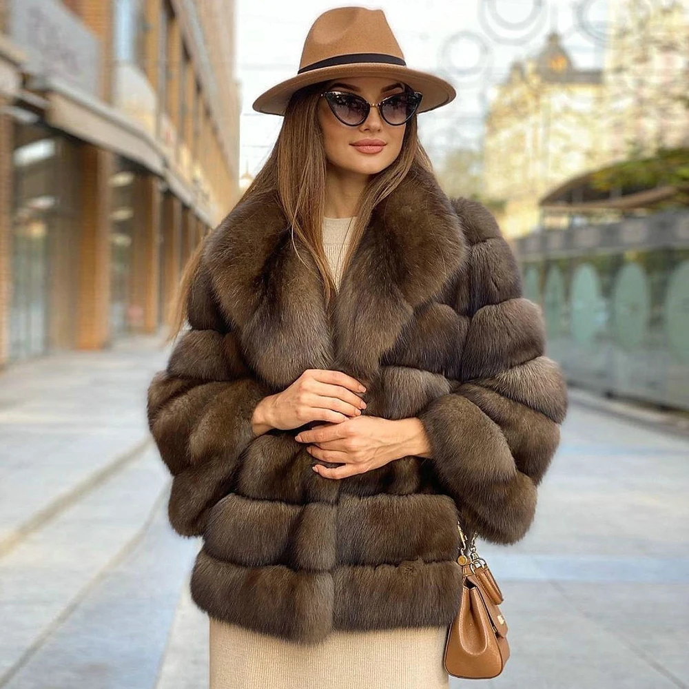 Woman Light Sable Color Natural Fox Fur Jacket Winter New Whole Skin Genuine Fox Fur Coats Mid-length Casual Fur Overcoats