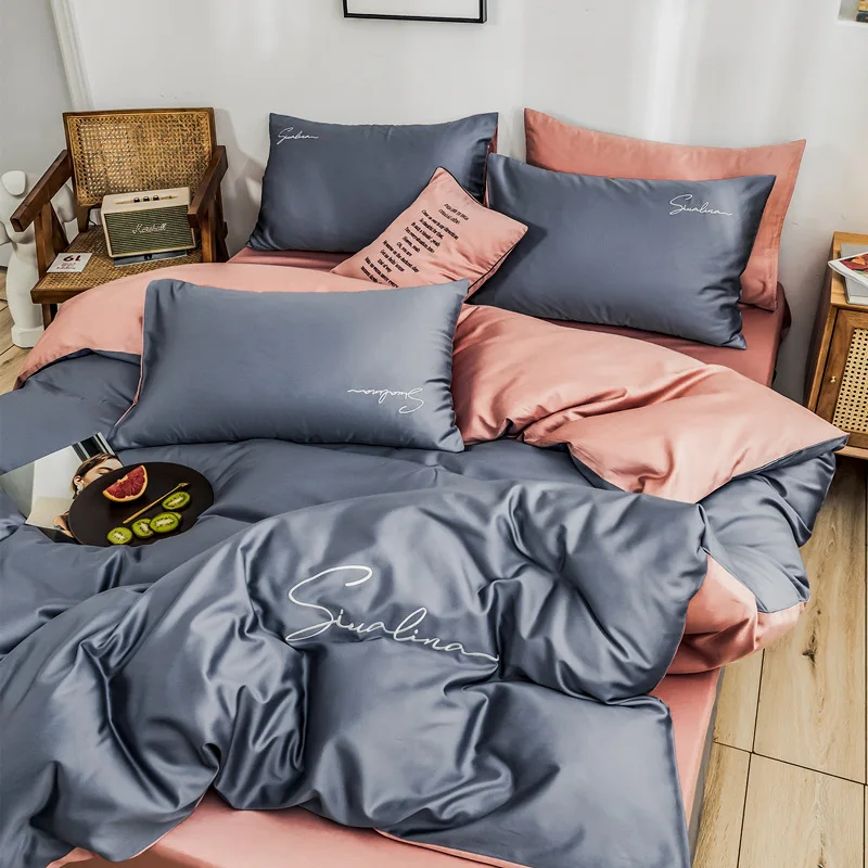 

Pure Cotton Solid Color Four-piece Set 60S Long-staple Cotton Embroidered Bedding Soft Bed Sheet Single Double Bed Set