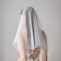 v614 elegant wedding bridal short white pearls veils one layer soft tulle cut edge bride shoulder veil women wed accessories