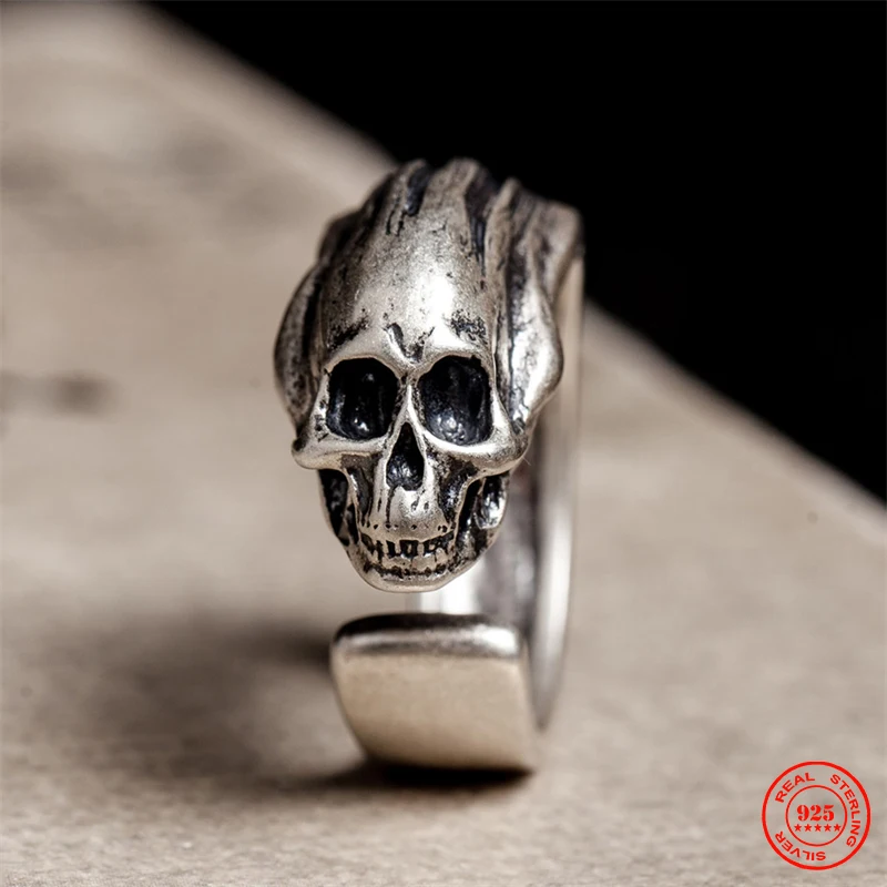 

YIZIZAI Men 100% 925 Sterling Silver Calvarium Skull Ring Gothic Domineering Skeleton Biker Ring Motorcycle Band Hip Hop Jewelry