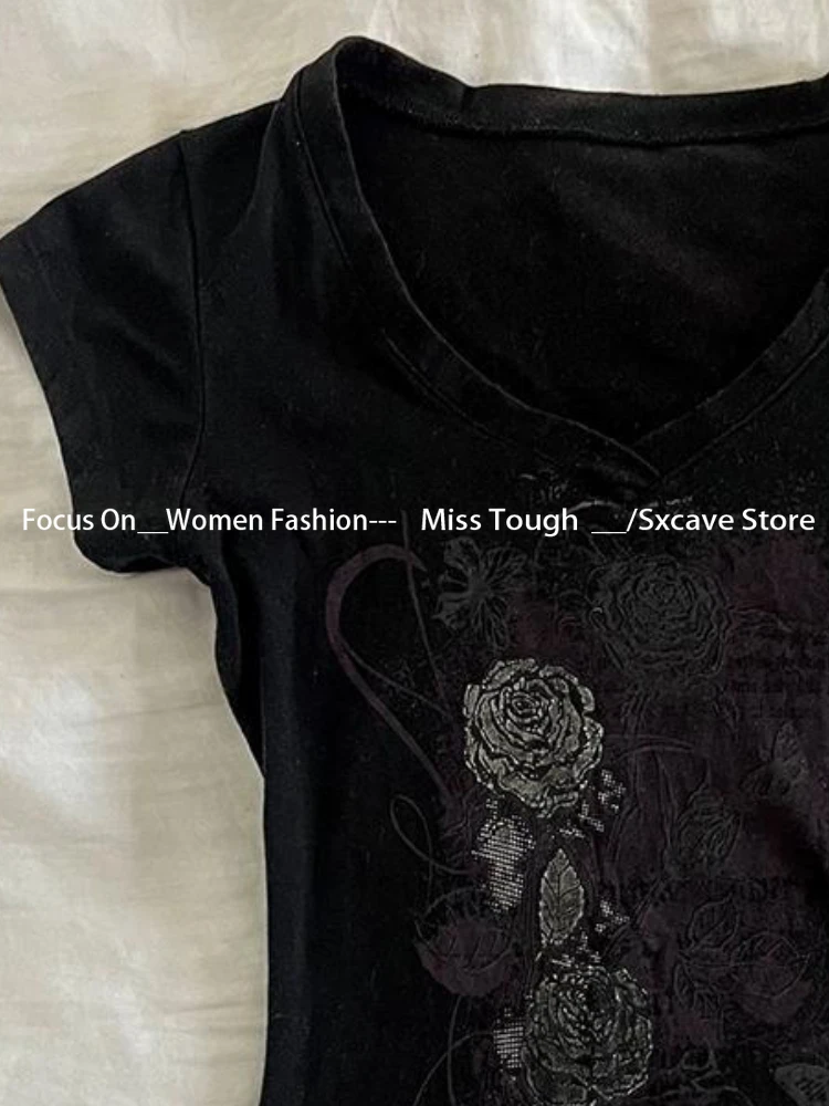 Винтажные тонкие повседневные Черные футболки в стиле Харадзюку Y2k женские