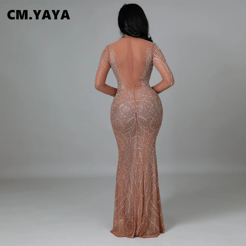 Женское Сетчатое Прозрачное платье макси CM.YAYA с длинным рукавом и стразами