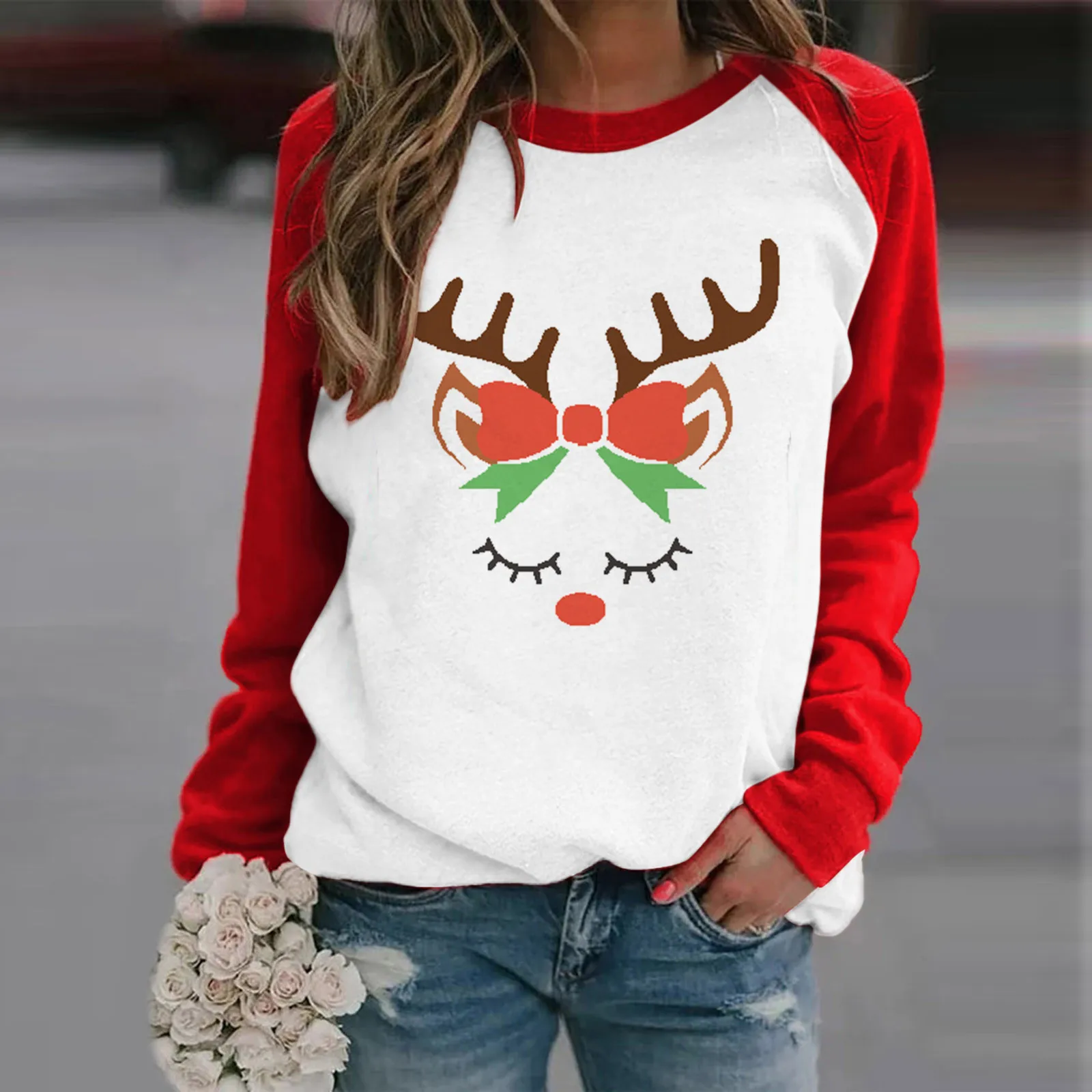 

Outfits Women Women's Christmas Print Sweatshirt Long Sleeve O-Neck Stitching Pullover Blouse Plane Sweatshirts Women