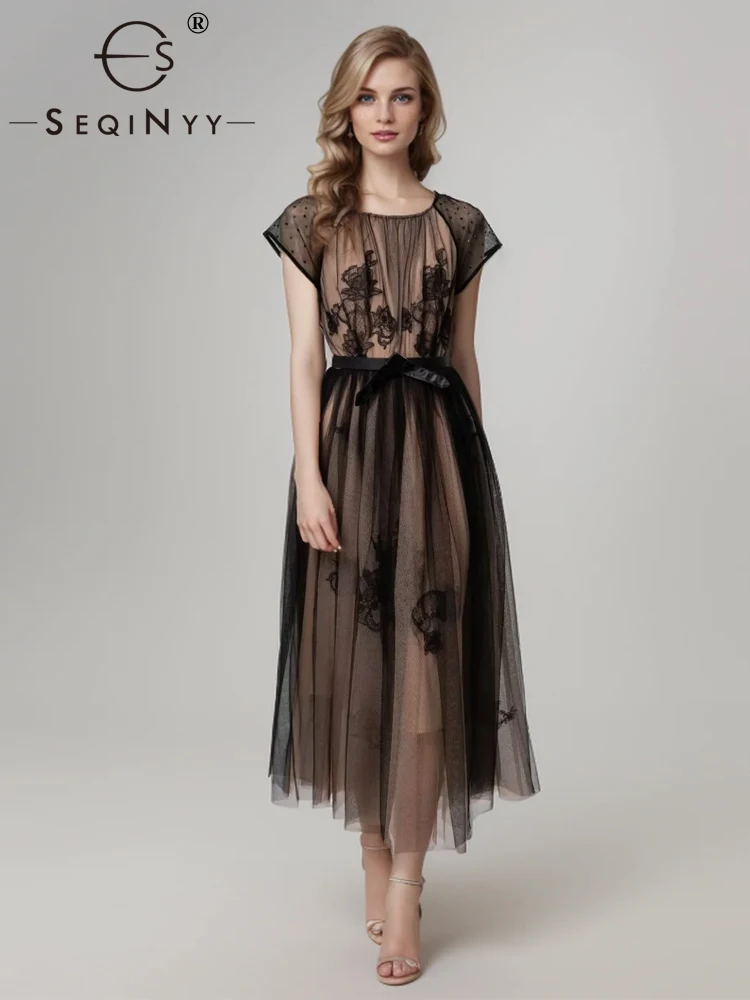 Женское платье средней длины SEQINYY элегантное черное модельное винтажное