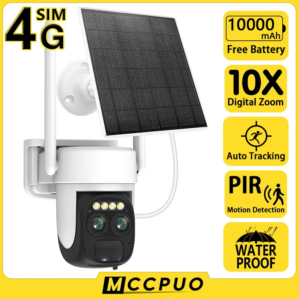 Mccpuo 4K 8MP 4G Sim Card Dual Lens WIIF Solar Camera Battery PIR Human Detection Outdoor Security CCTV Surveillance Camera