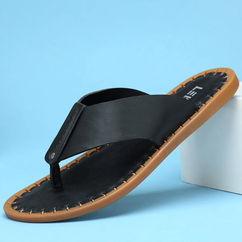 

Genuine Cow Leather Shoes Men Flip Flops Mens Slippers Men's Casual Shoes Classic Beach Slippers Anti-slip Summer New