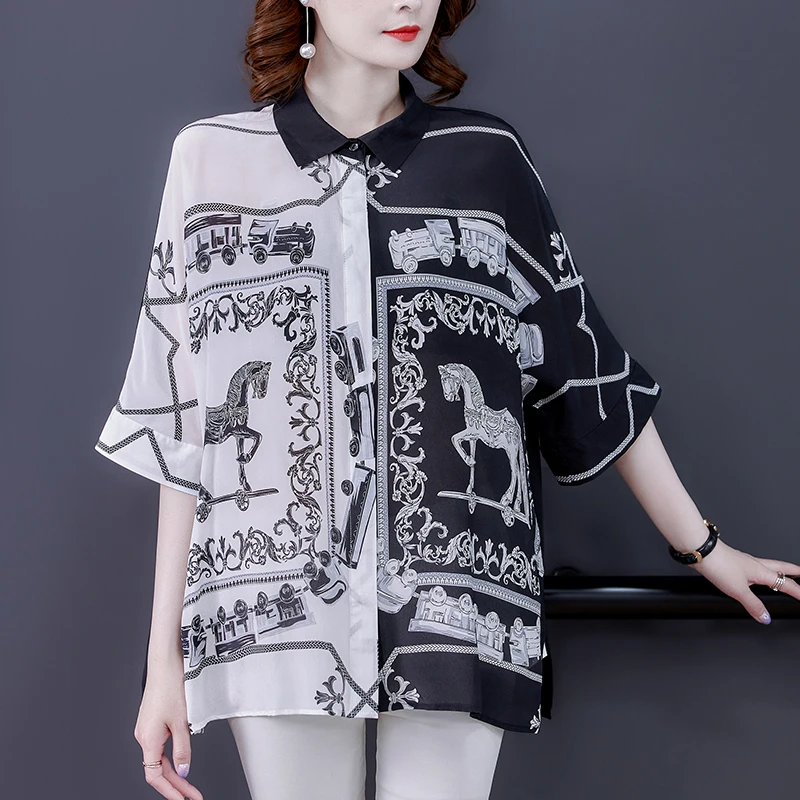 

Women Black Print Natural Chiffon Polo Collar Blouses Summer Elegant Bodycon Office Lady Tops 2022 Korean Casual Vintage Shirt