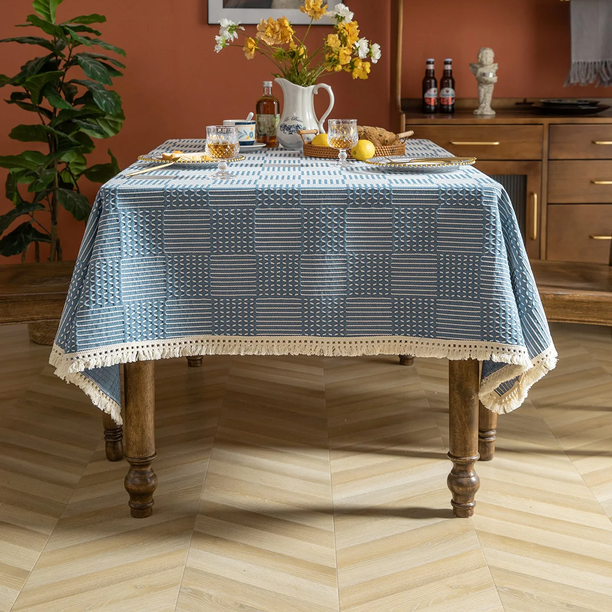 

American style jacquard tablecloth solid color fringed tablecloth Country family table table cloth