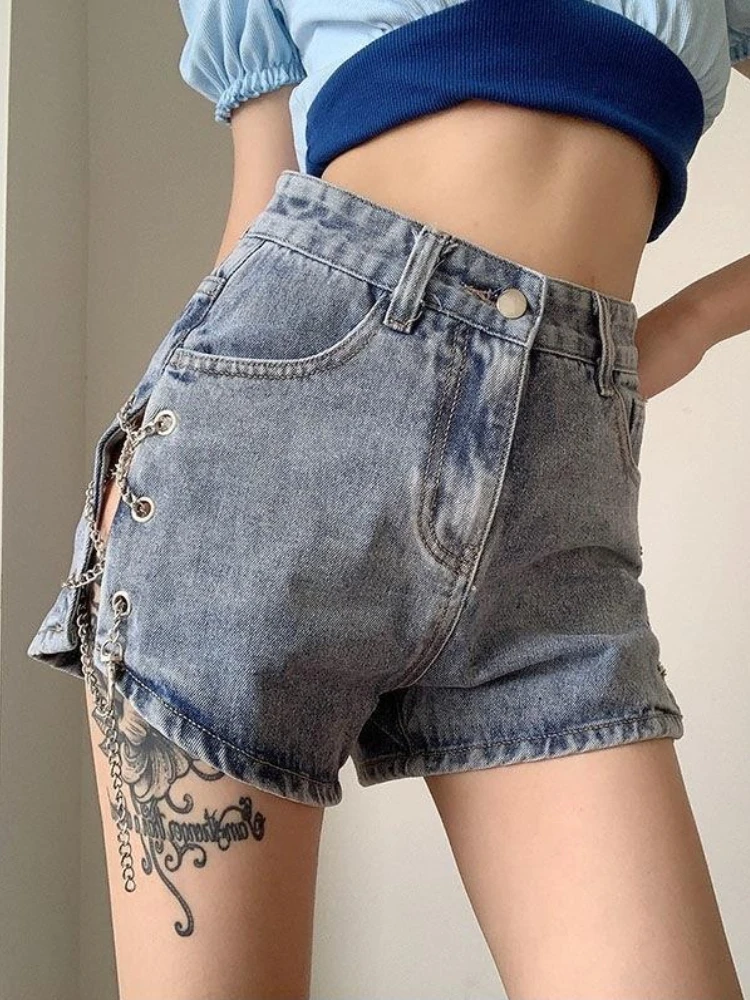 Shorts for Women 2023 Summer New Sexy Side Split Metal Chain Denim Shorts High Waist Sexy Leg Length Hot Pants Women Clothing