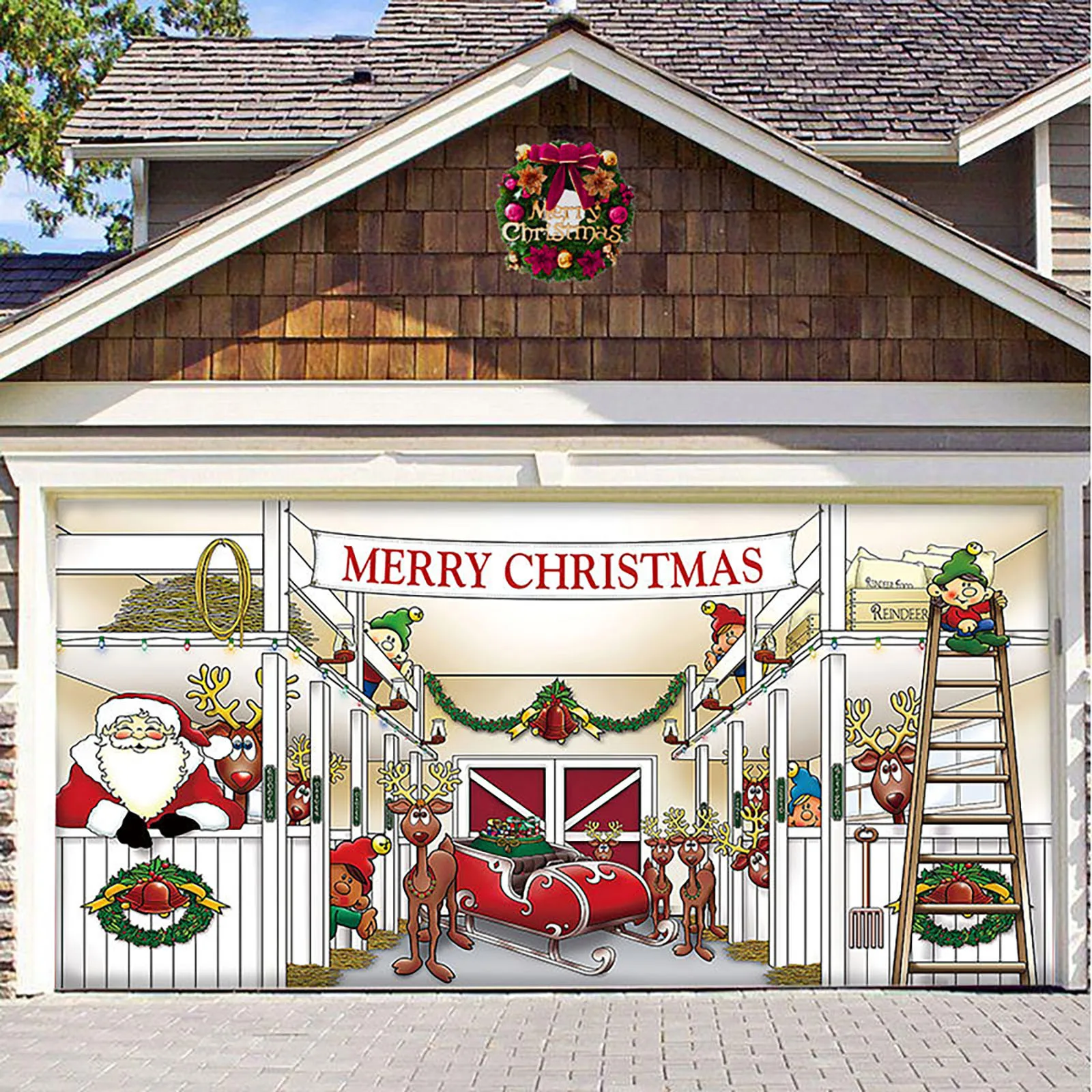 

70x157inches Merry Christmas Holiday Banner Garage Door Cover Mural Winter Snowman Santa Outdoor Large Door Cover Decoration