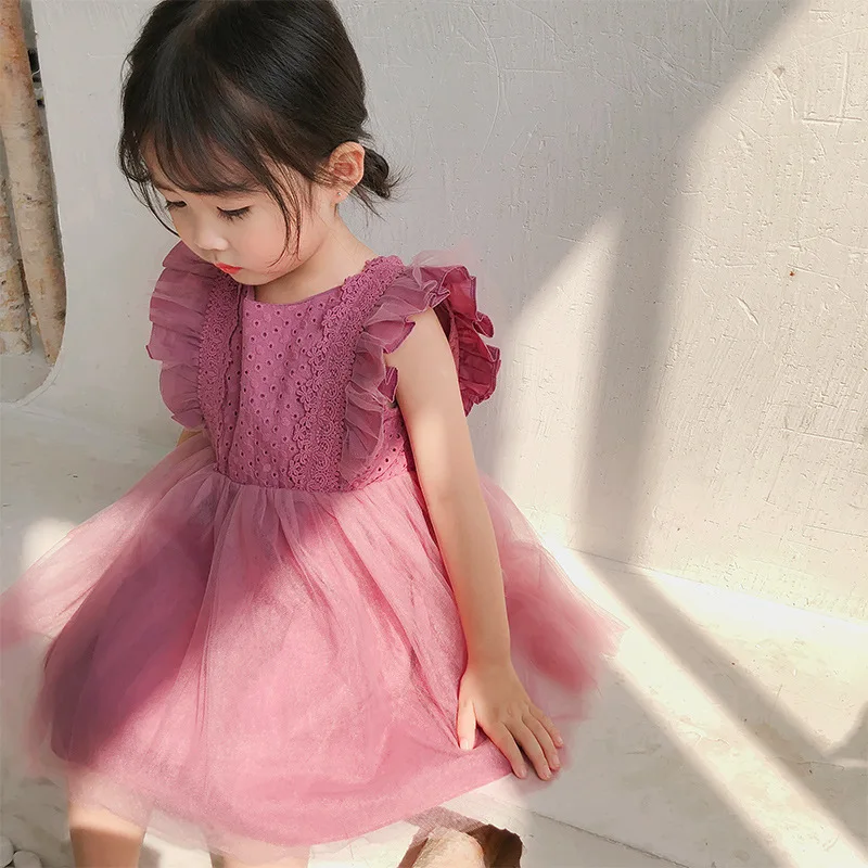 

2022 Baby Girls Dress Sleeveless Baby Kids Clothes Summer Children Clothing Lace Embroidery Girl Clothes Mesh Toddler Dresses