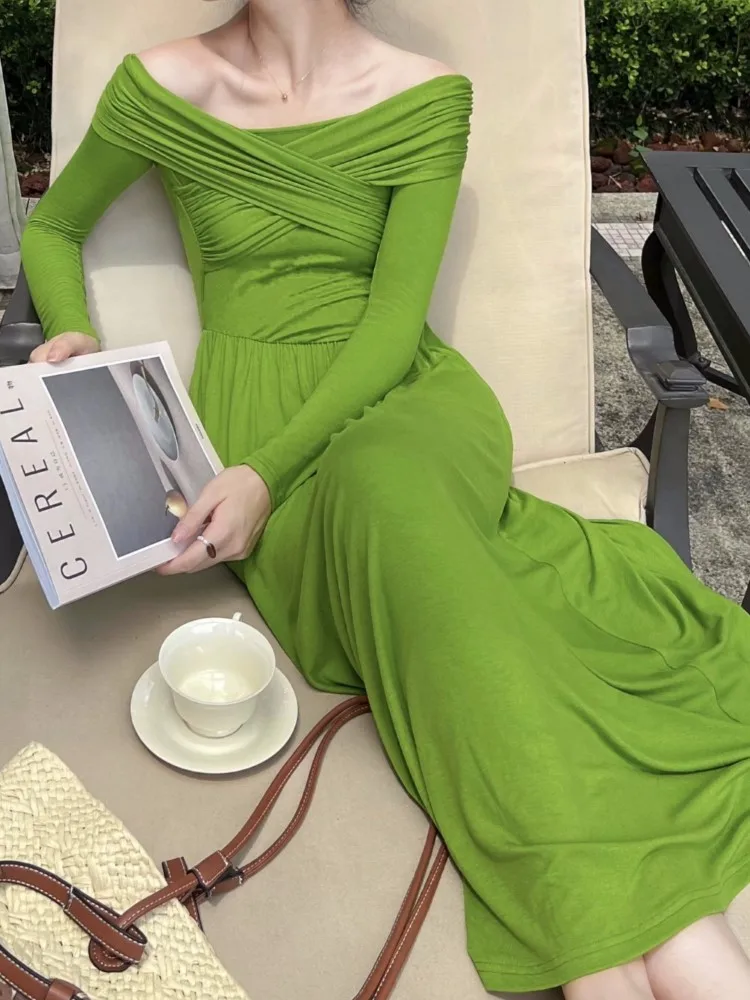 

Fashion New Elegant Casual Women Green Dress Long Sleeve Vintage A-Line Party Birthday Vestidos Female Kawaii Robe Mujers