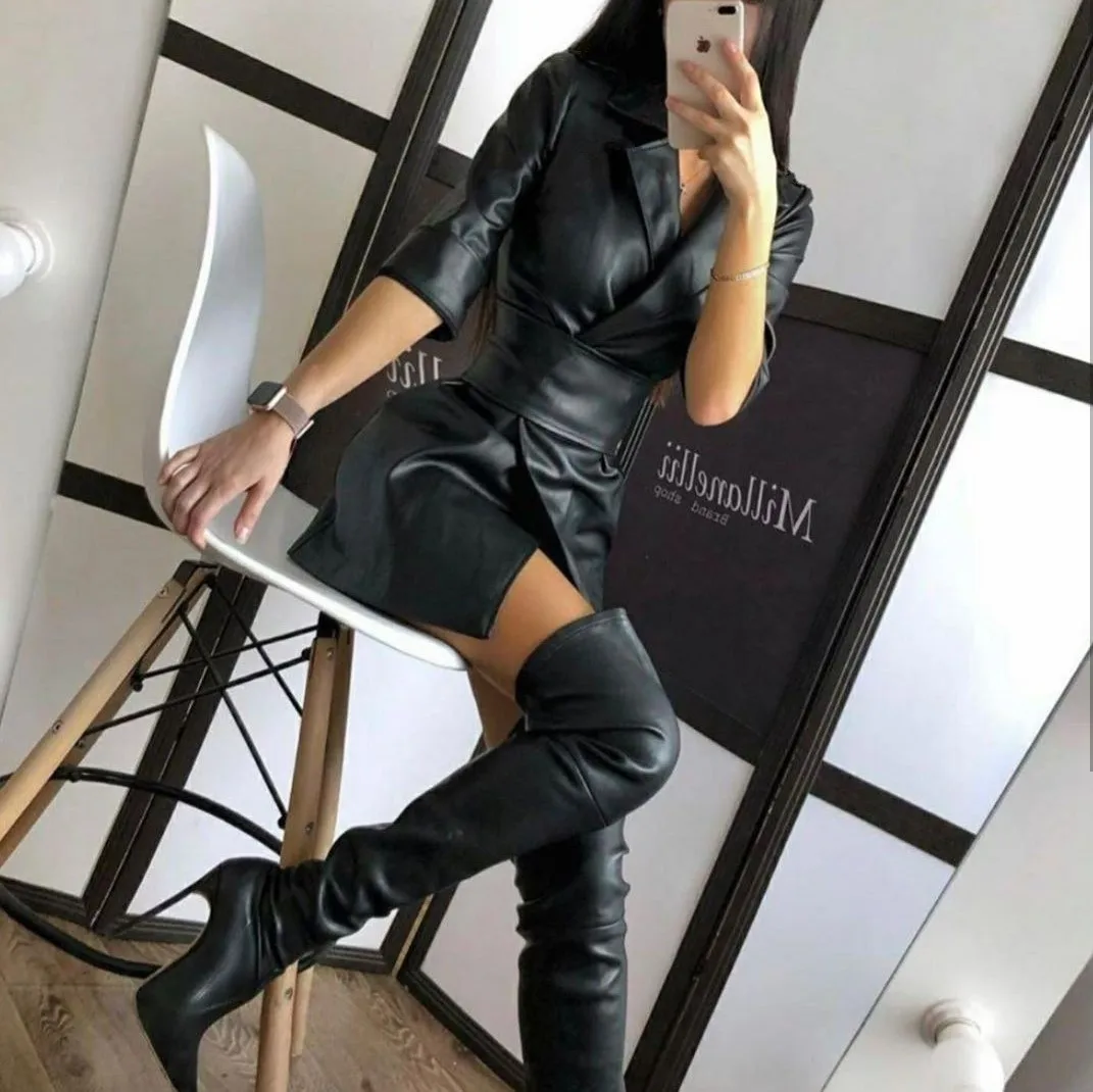 

WEPBEL Long Sleeve Dressees Leather Jacket Women Sexy Pu Dress Business Suit Collar Waistband Dress Solid Color V-neck Dress