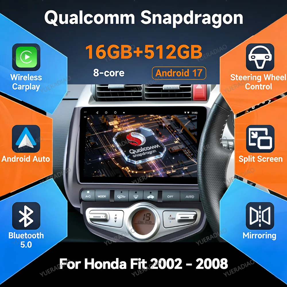 Фото Автомагнитола Android 17 для HONDA JAZZ City 2002-2007 с GPS-навигацией Qualcomm, 2DIN, 4G, Wi-Fi, мультимедийный видеоплеер, головное устройство с Bluetooth №1