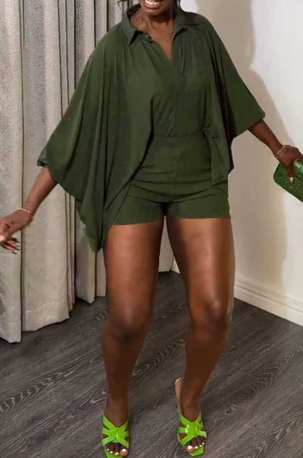 Женский Повседневный комплект из двух предметов Однотонная рубашка с отложным