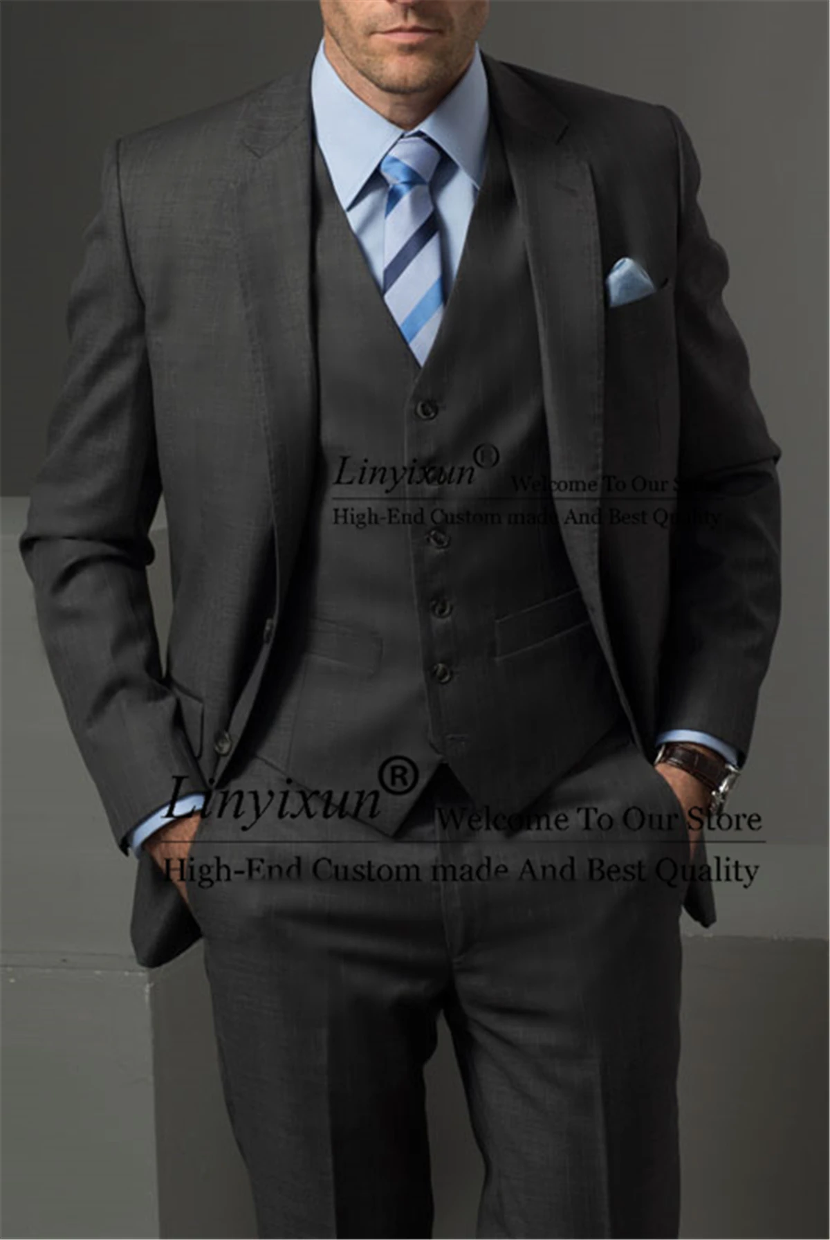

Классический серый облегающий мужской классический смокинг для жениха на свадьбу деловой мужской комплект из 3 предметов пиджак жилет брюки мужской костюм